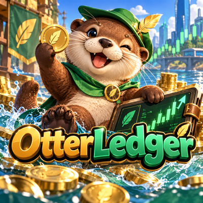 Cheerful OtterLedger mascot holding a gold coin and financial chart